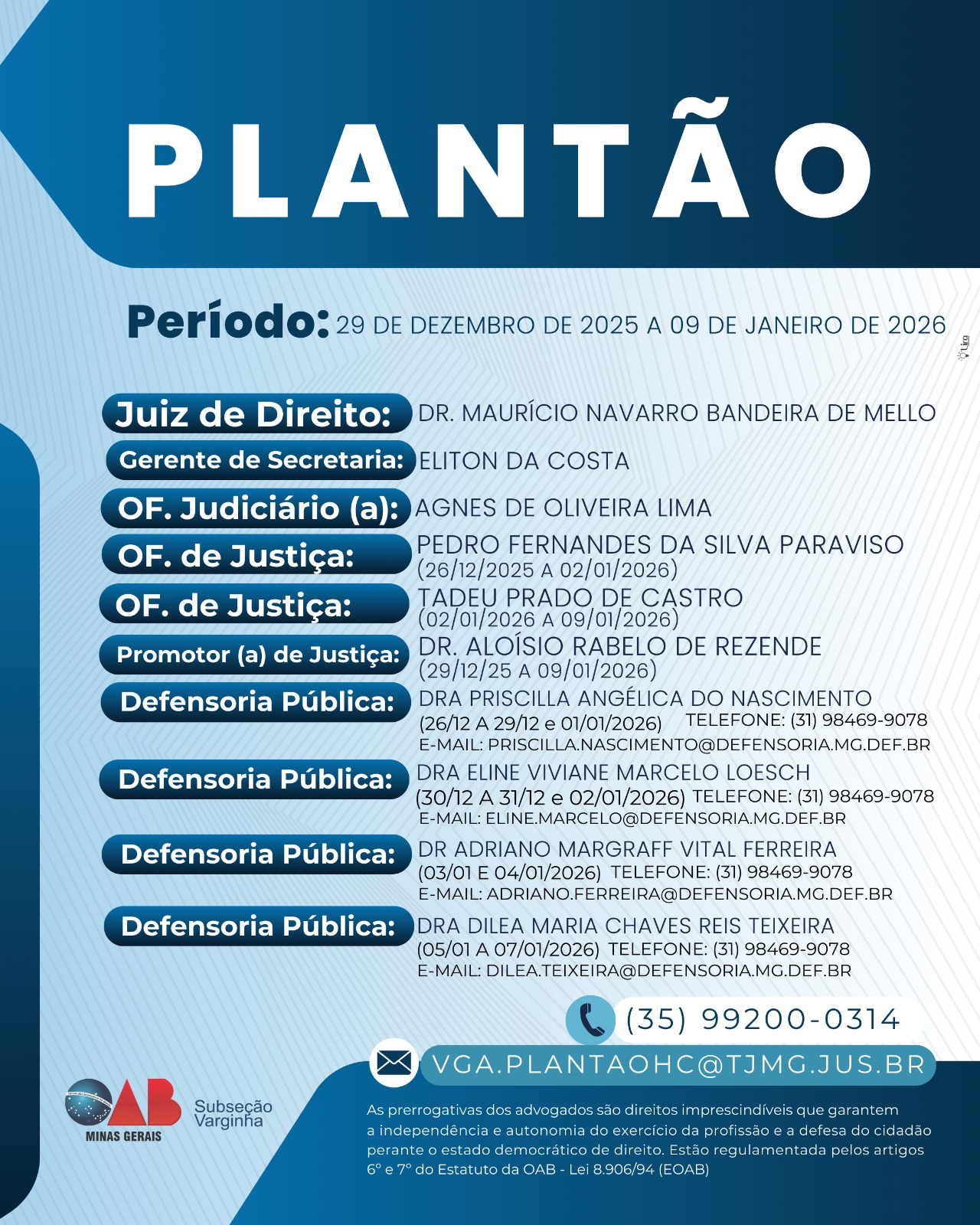 Plantão Forense – Período: 29 de Dezembro de 2025 a 09 de Janeiro de 2026