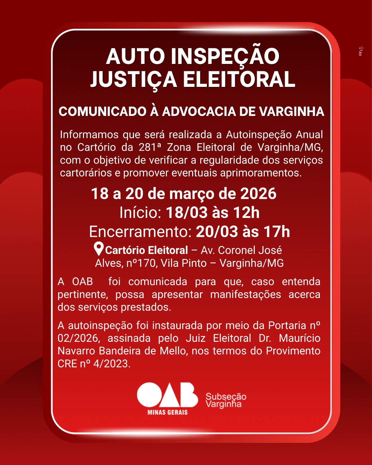 Comunicado à Advocacia de Varginha