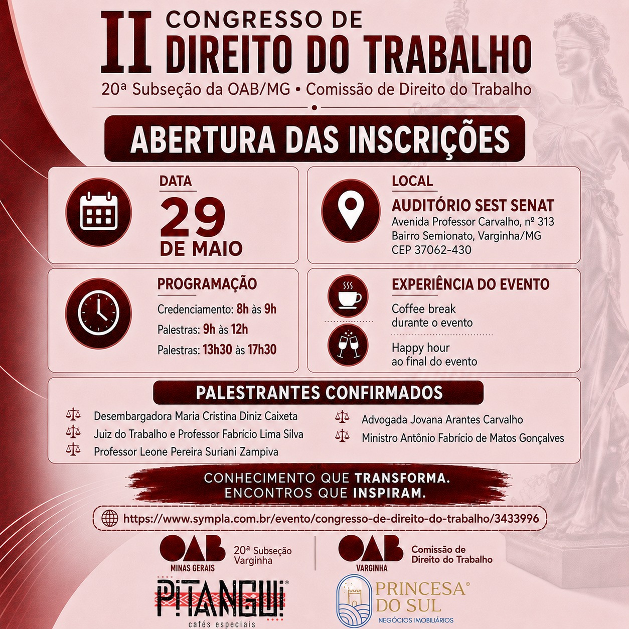 INSCRIÇÕES ABERTAS! II Congresso de Direito do Trabalho da 20ª Subseção da OAB/MG
